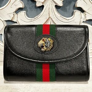 Gucci Rajah Mini Leather Chain Wallet Black Web Stripe Tiger Head w COA Dust Bag